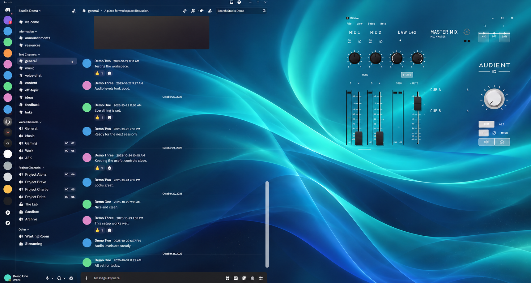 Privacy edit of the creator’s actual screenshot, preserving the transparent Discord chat and Audient mixer layout with fictional chat content and the DudeGlass wallpaper.