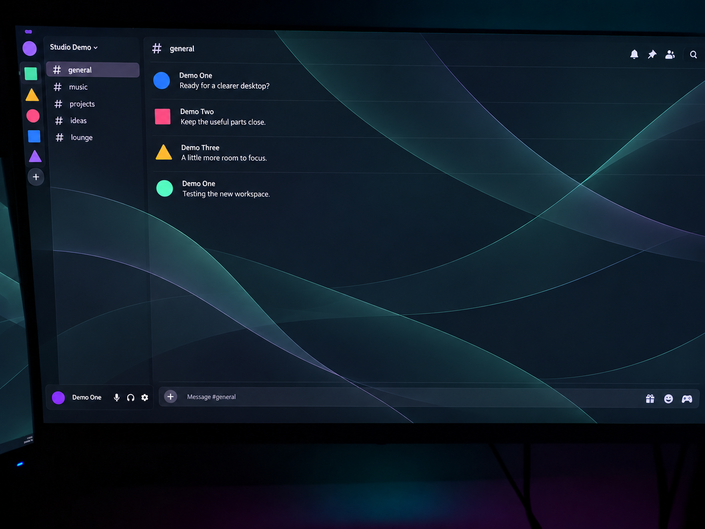 Edited owner monitor photograph showing transparent Discord-style chat with demo users.