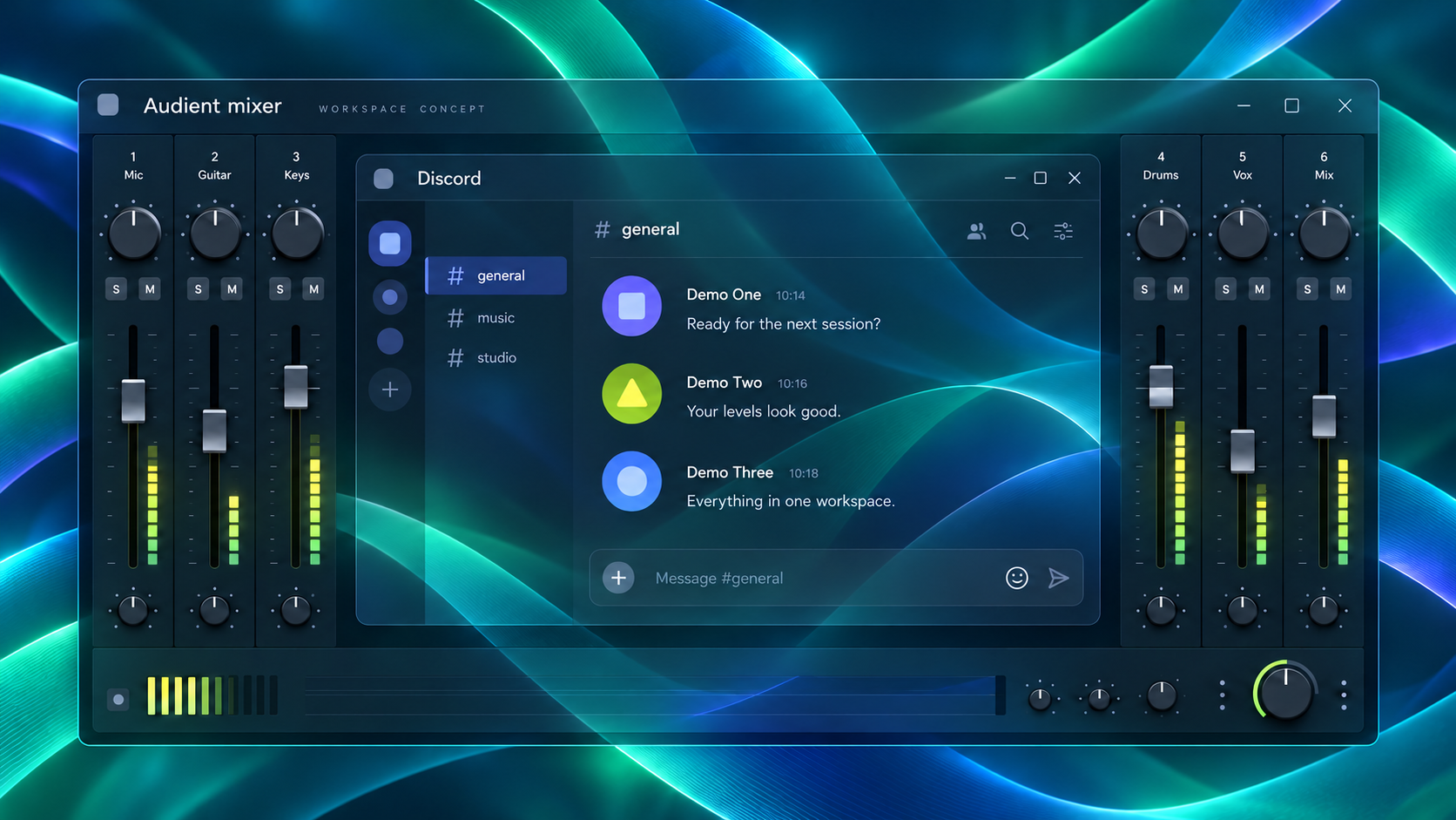Concept illustration of a Discord chat panel nested inside an Audient-style audio mixer, with mixer faders still visible around the chat.